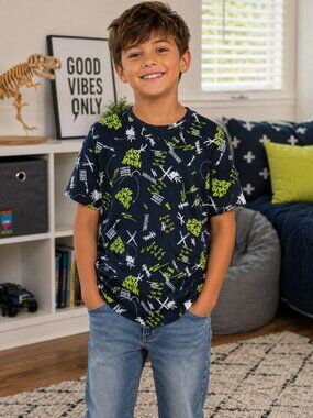 Highland Originals Boys Navy Graffiti Graphic T-Shirt Size 8 Neon Green NWT